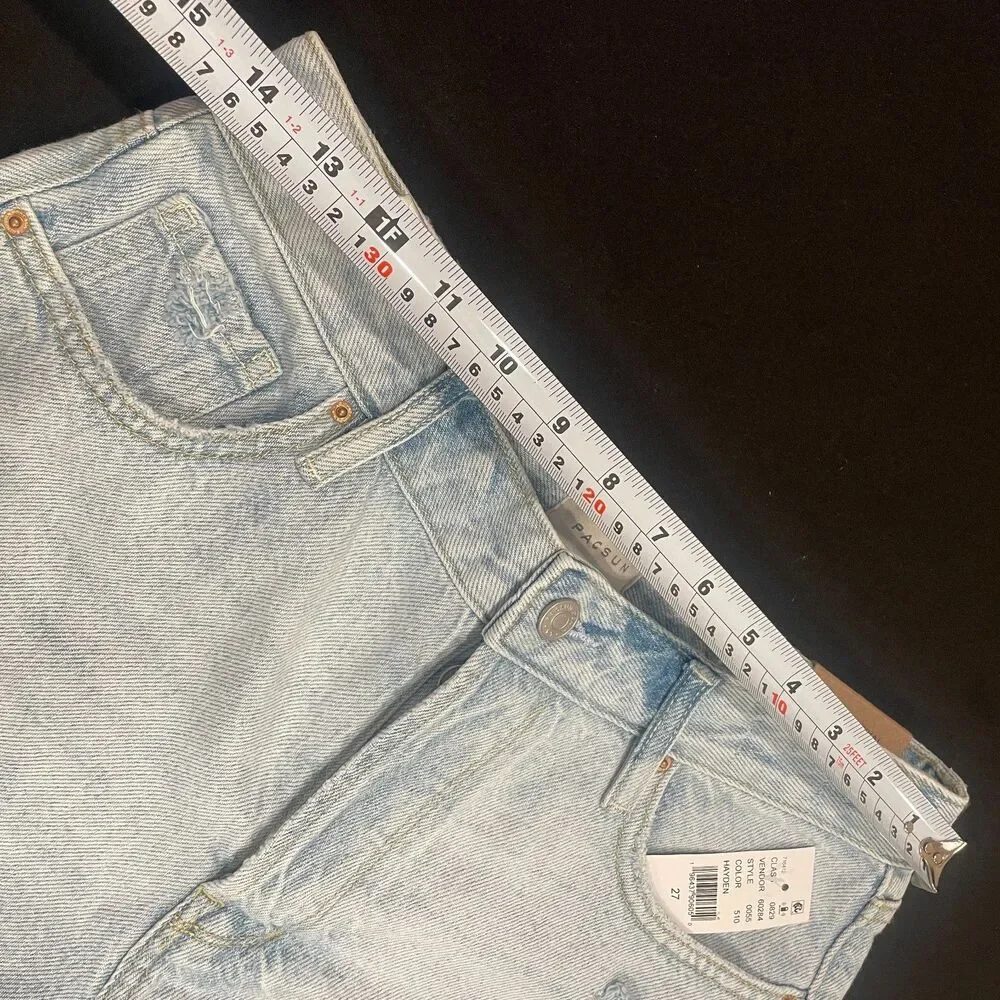 ~ NEW PacSun 27 Denim Festival Shorts Boho Acid Wash Rip Button High Waist Blue